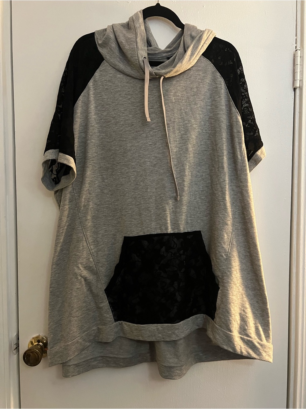 Livi Active Gray Pullover Shirt Hoodie with Black Lace Details